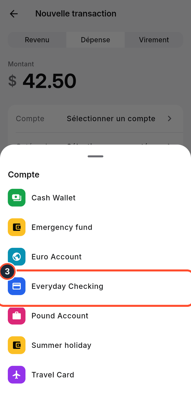 Le sélecteur de compte avec Everyday Checking signalé
