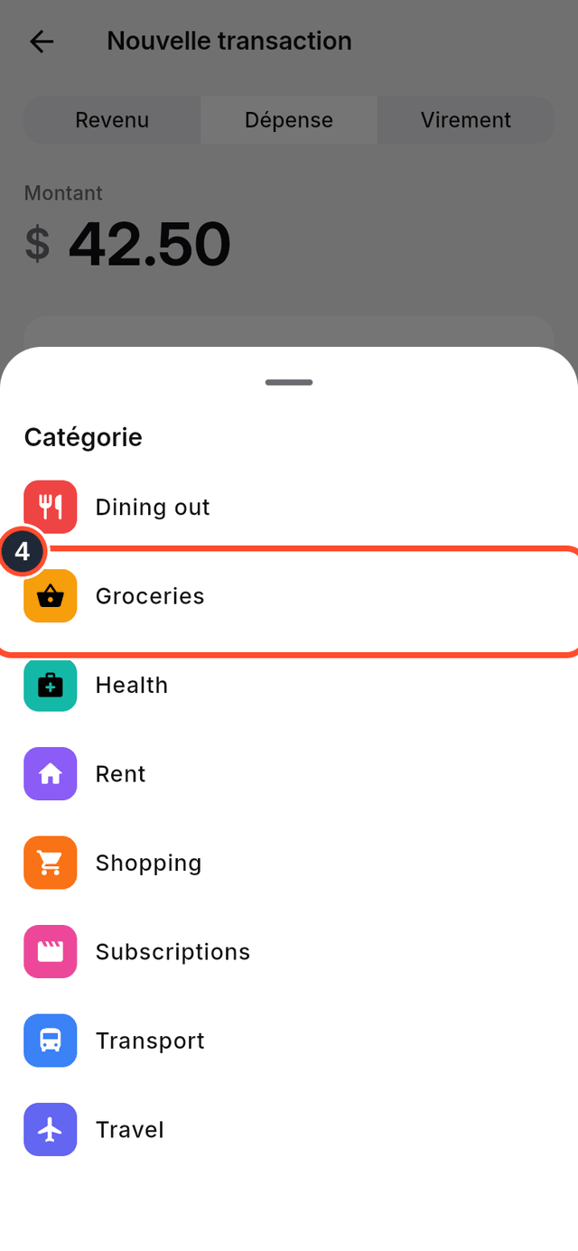 Le sélecteur de catégorie avec Groceries signalée