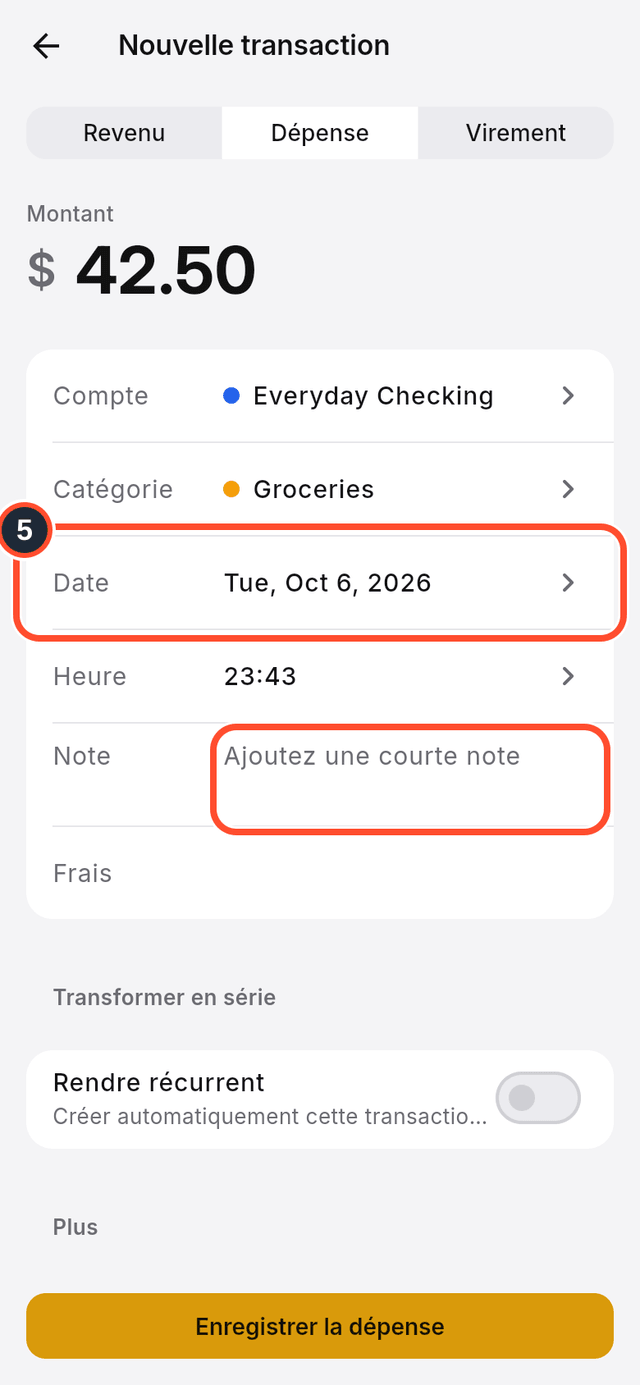 Les champs date et note signalés dans le formulaire