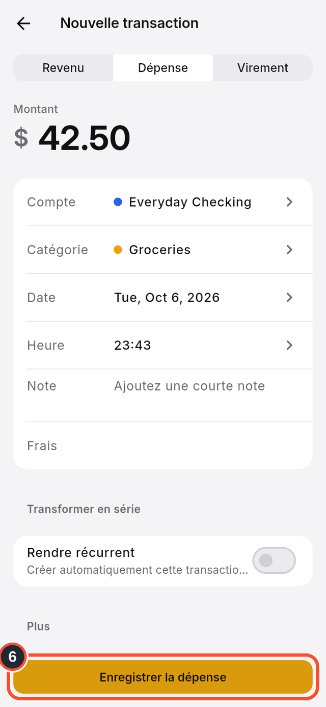 Le bouton Enregistrer la dépense signalé en bas du formulaire