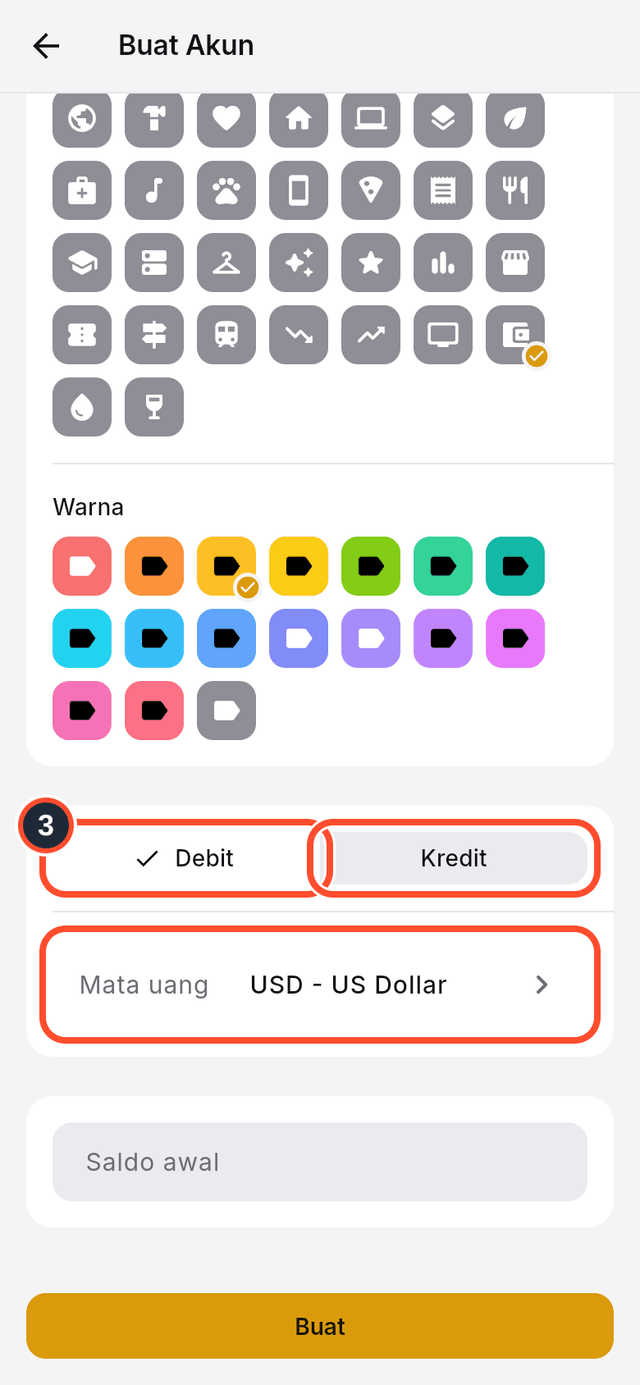 Pilihan jenis akun dan mata uang yang ditandai