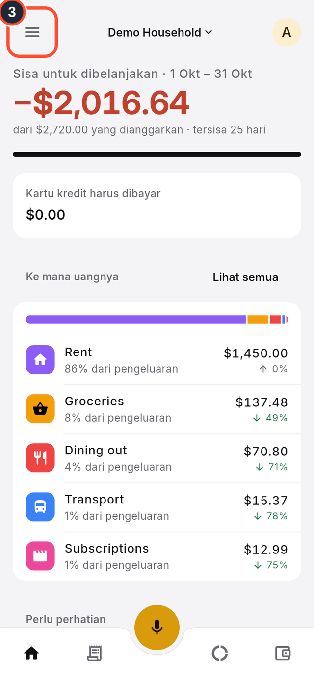 Tombol menu yang ditandai di kiri atas