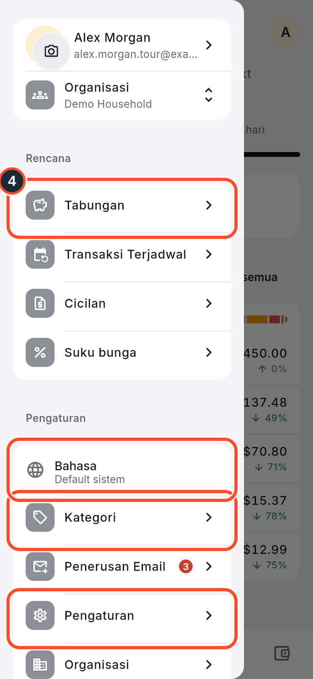 Menu aplikasi yang terbuka dengan Tabungan, Kategori, Bahasa, dan Pengaturan yang ditandai