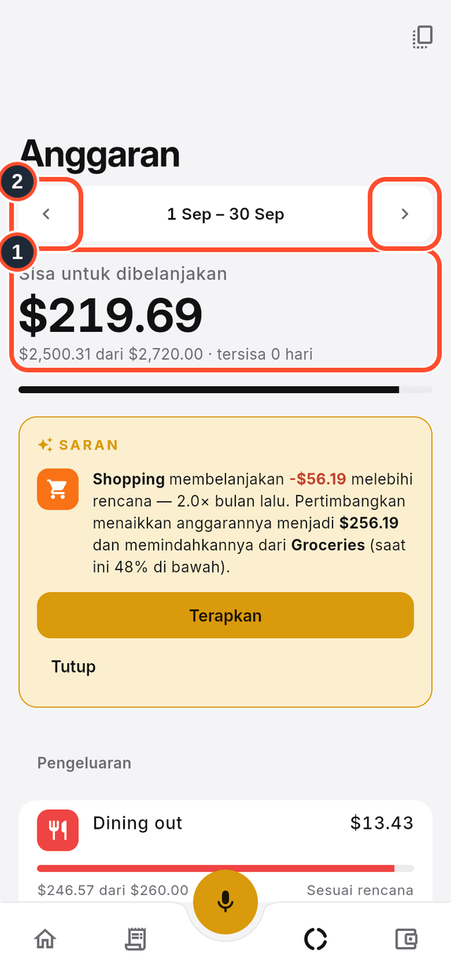 Layar Anggaran dengan ringkasan sisa belanja dan panah bulan yang ditandai