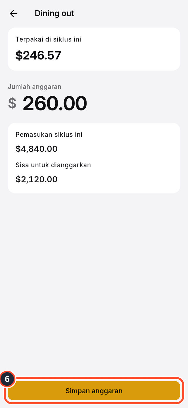 Tombol Simpan anggaran ditandai di bagian bawah formulir