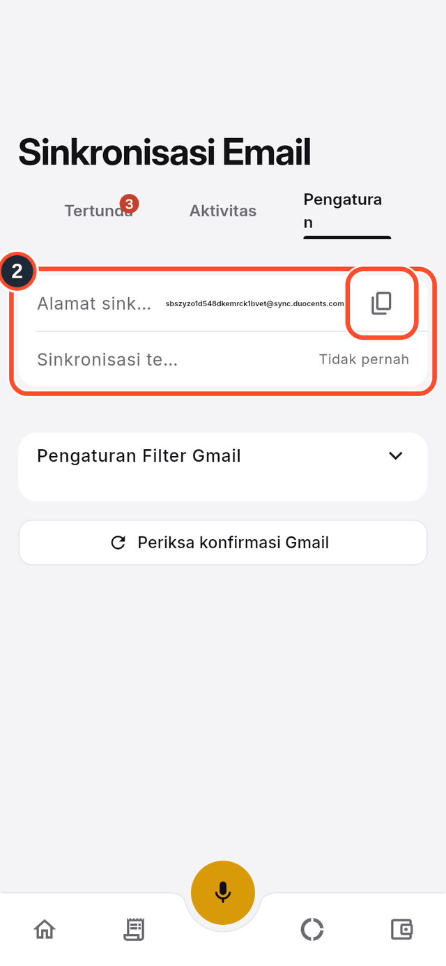 Tab Pengaturan dengan alamat sinkronisasi ditandai