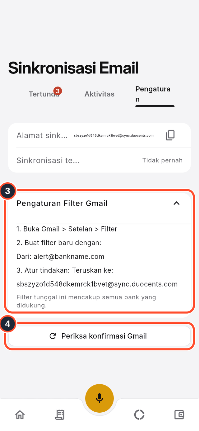 Petunjuk filter Gmail dan tombol konfirmasi ditandai