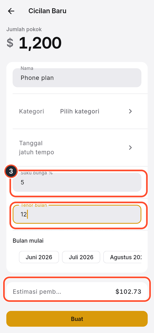 Kolom suku bunga dan tenor serta estimasi pembayaran bulanan yang ditandai