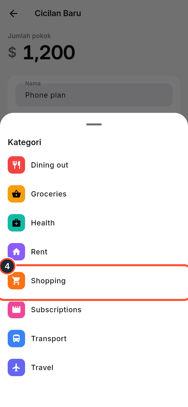 Pemilih kategori dengan Shopping yang ditandai