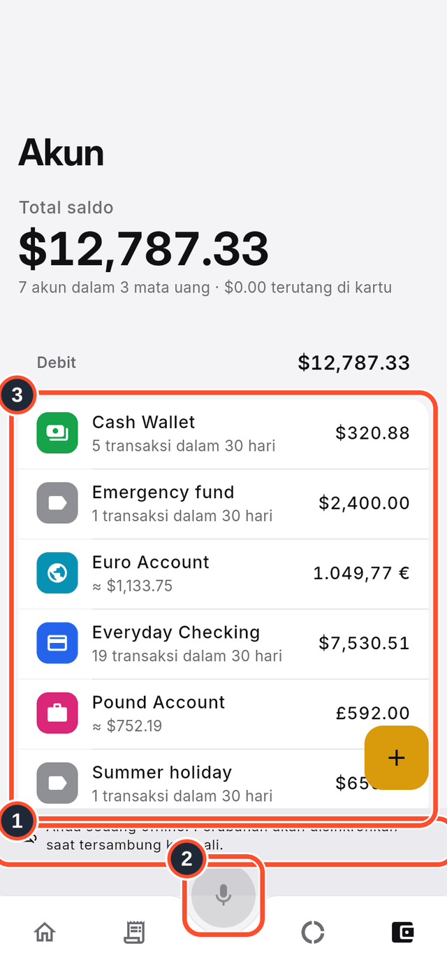Layar Akun saat offline, dengan spanduk, mikrofon yang pudar, dan daftar akun ditandai