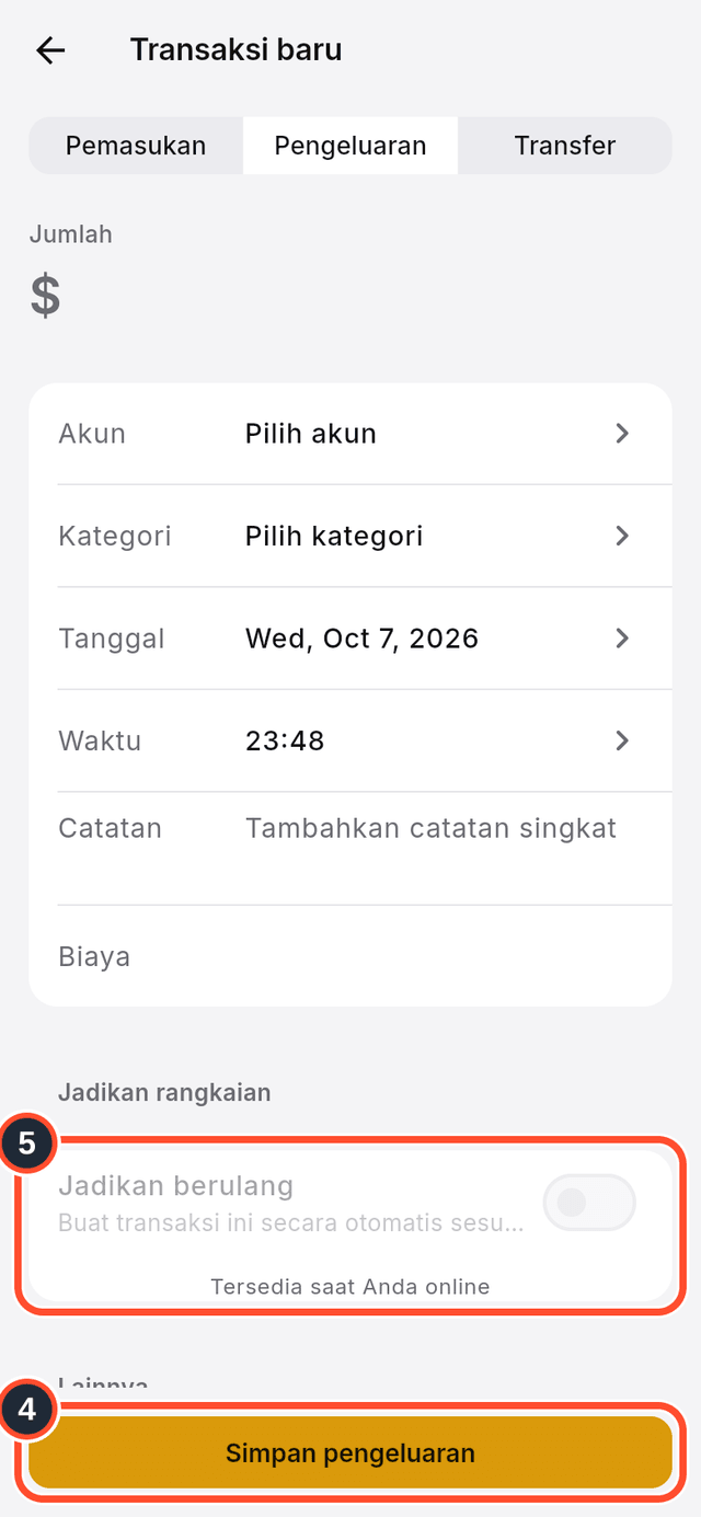 Formulir transaksi baru saat offline, dengan tombol simpan dan satu opsi khusus online ditandai