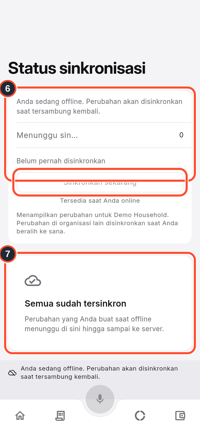 Layar Status sinkronisasi dengan status dan kartu semua-sudah-tersinkron ditandai