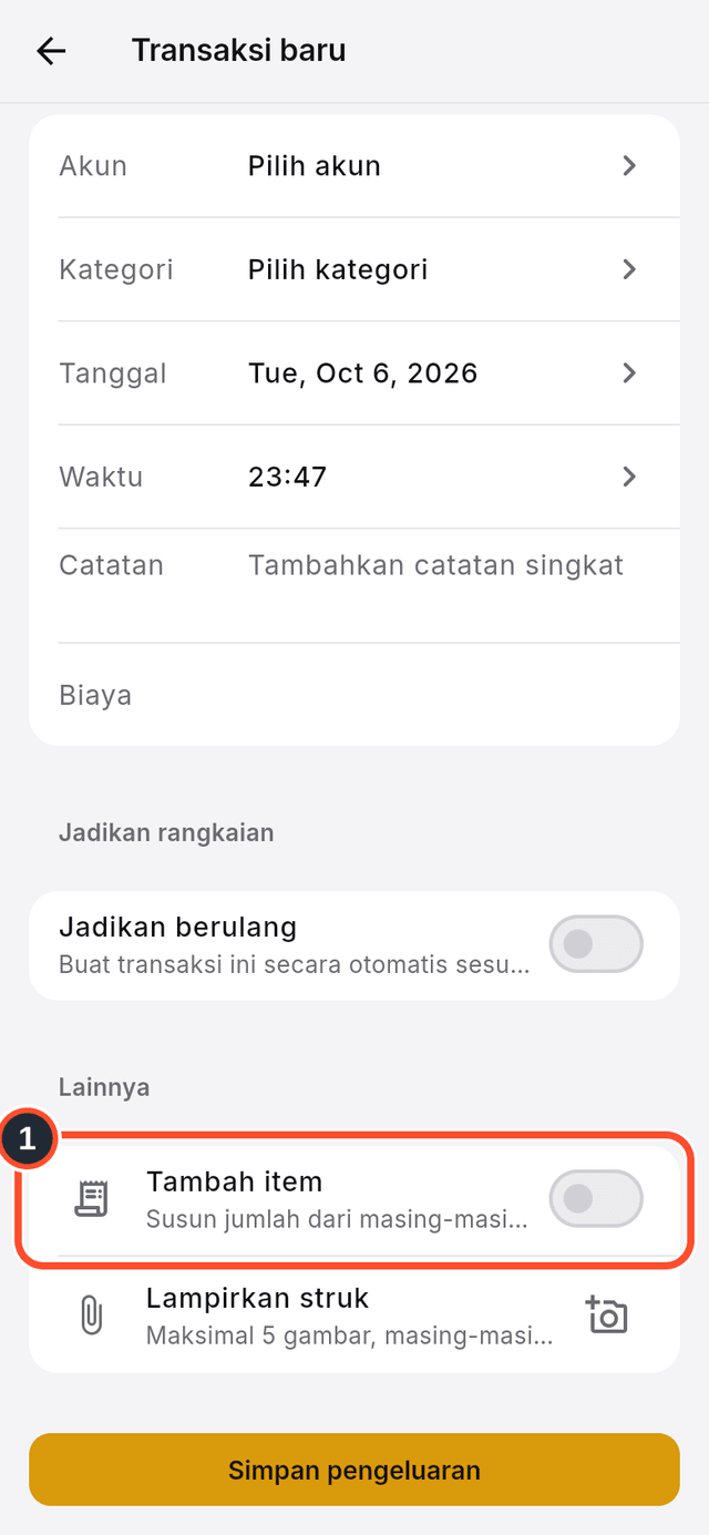 Saklar Tambah item yang ditandai pada formulir transaksi baru
