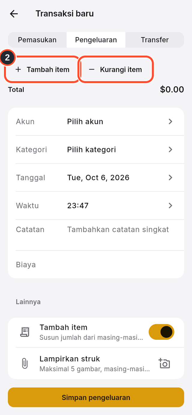 Tombol Tambah item dan Kurangi item yang ditandai