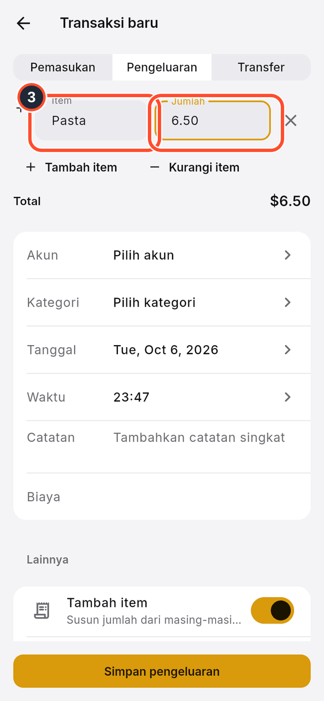 Baris item pertama dengan nama dan jumlah yang ditandai