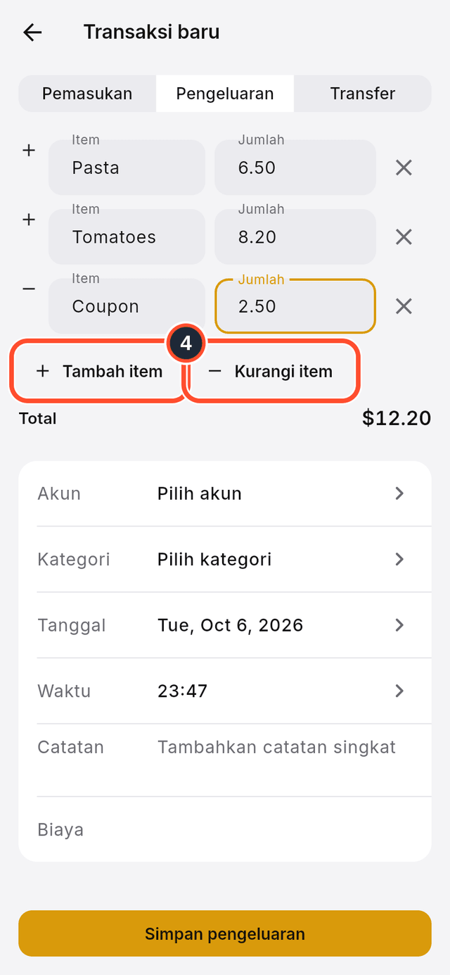 Tiga baris item dengan tombol tambah dan kurangi yang ditandai