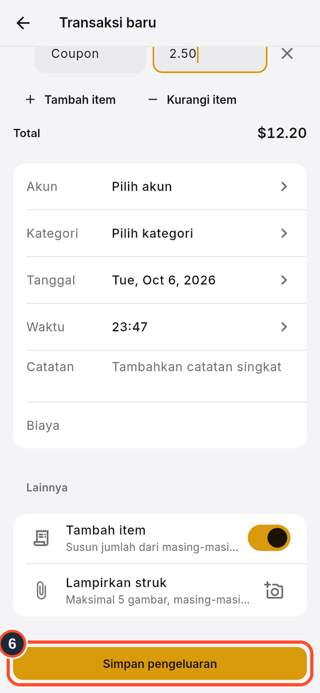 Tombol Simpan pengeluaran ditandai di bagian bawah formulir
