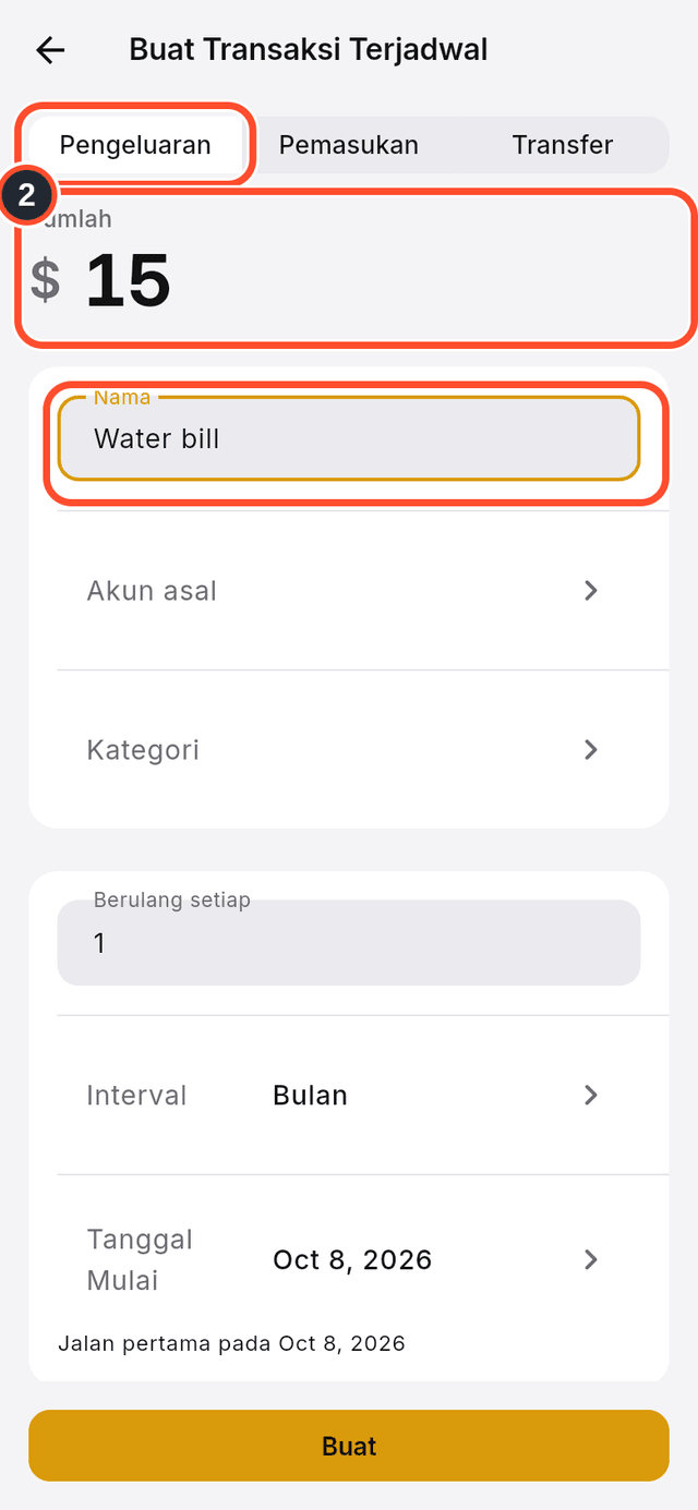 Pilihan jenis serta kolom jumlah dan nama yang ditandai