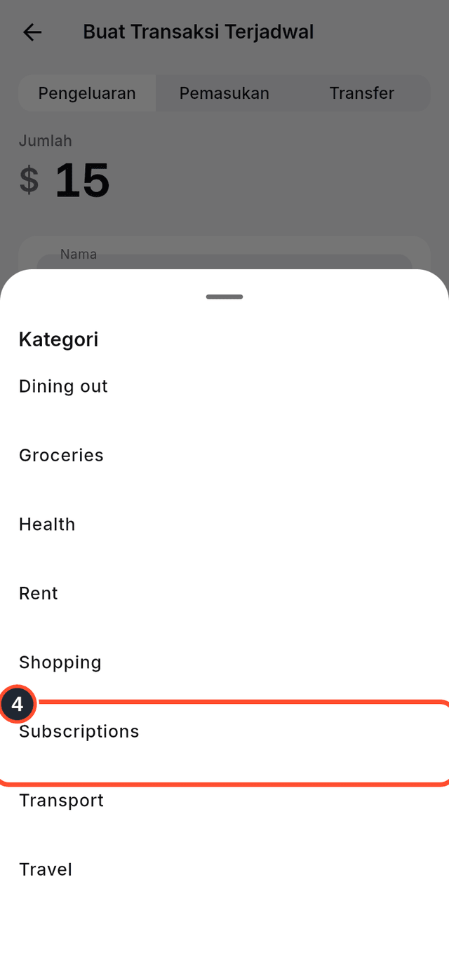Pemilih kategori dengan Subscriptions yang ditandai