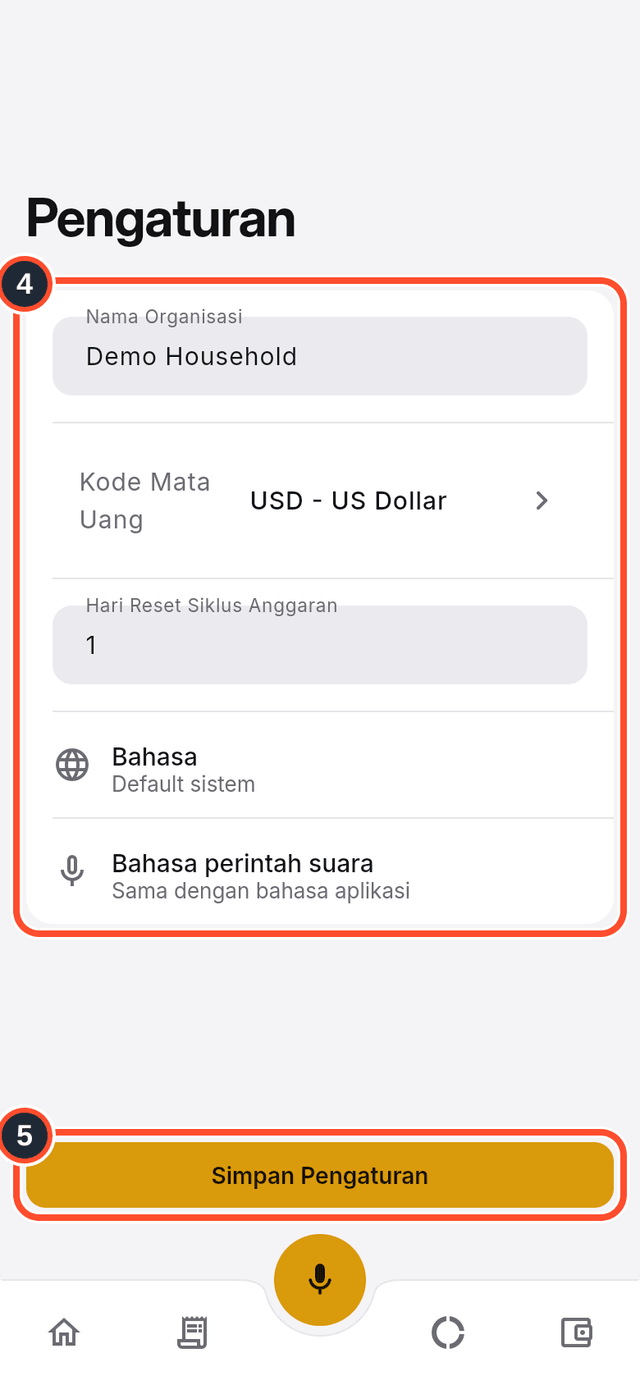 Layar Pengaturan dengan detail dan tombol simpan ditandai