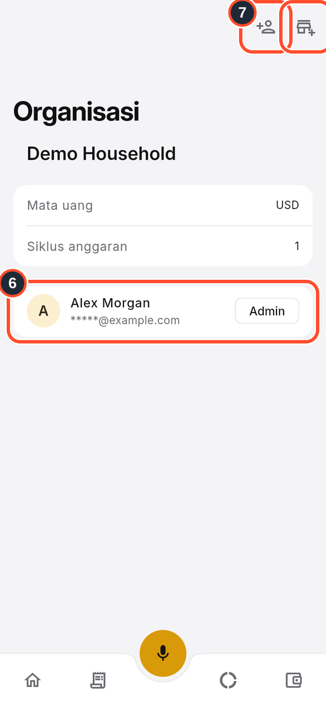 Layar Organisasi dengan anggota dan tombol undang ditandai