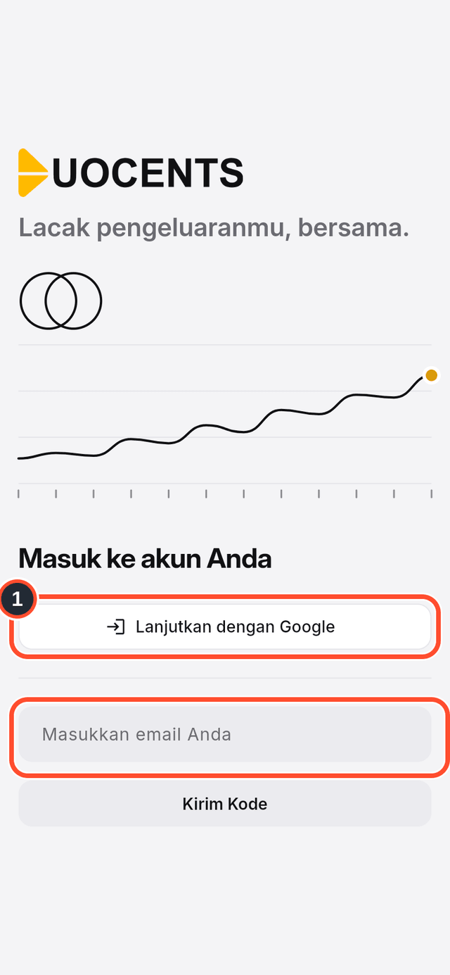Layar masuk dengan tombol Google dan kolom email yang ditandai