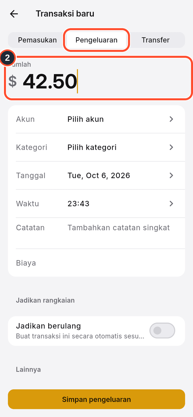 Pilihan Pengeluaran dan kolom jumlah yang ditandai