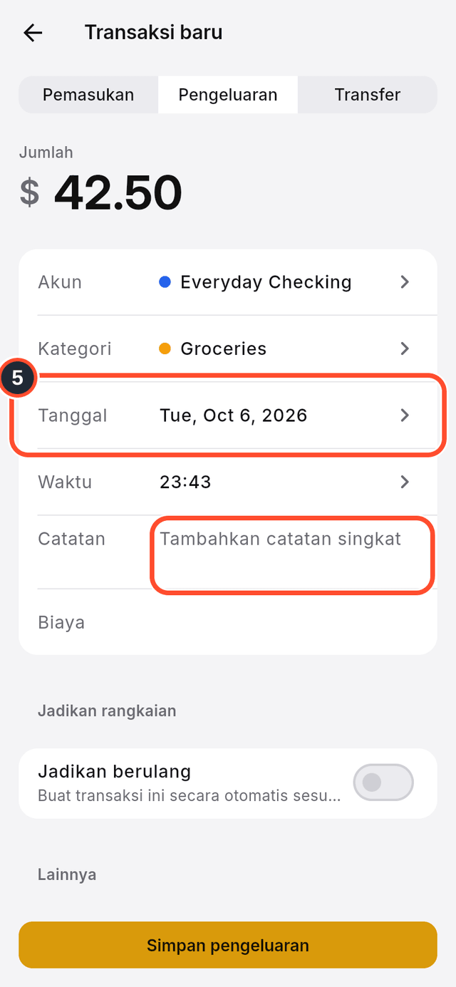 Kolom tanggal dan catatan yang ditandai pada formulir