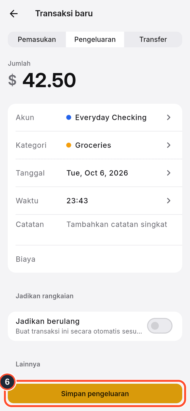 Tombol Simpan pengeluaran ditandai di bagian bawah formulir
