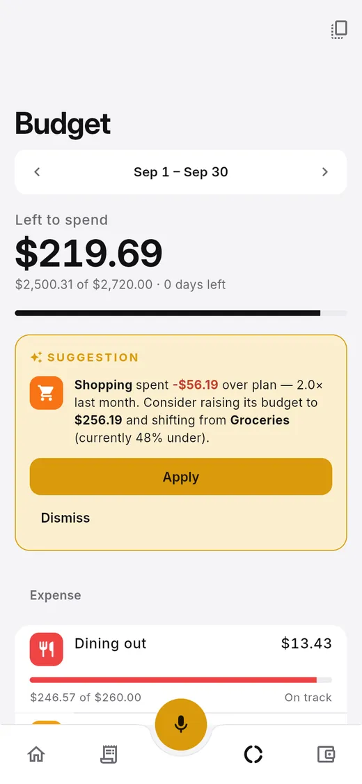 Budget screen with money left this cycle and a suggestion to rebalance