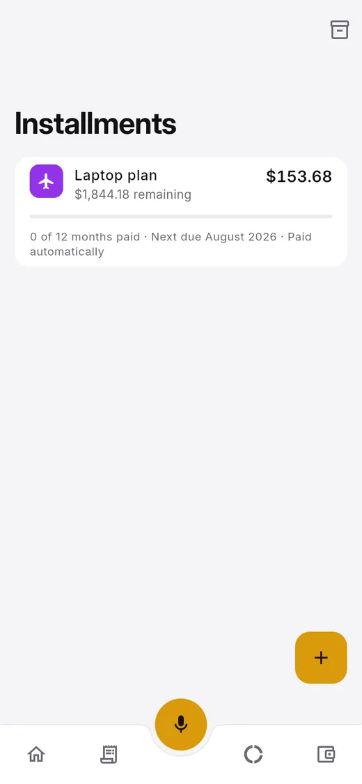 Installments list with remaining balance and next payment
