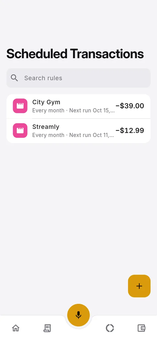 Scheduled transactions list for rent, salary and subscriptions