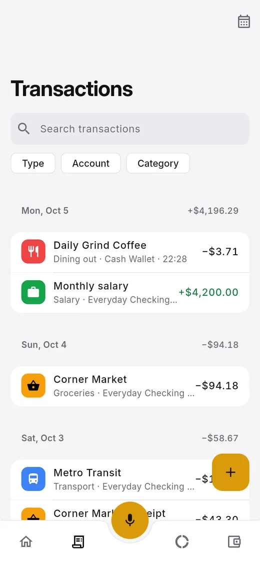 Transactions list grouped by day with search and filters
